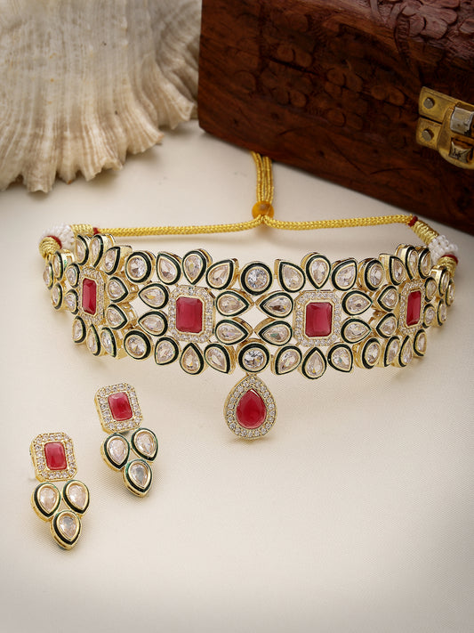 NVR  Women Red & Gold Kundan Studded Handcrafted Choker Jewellery Set