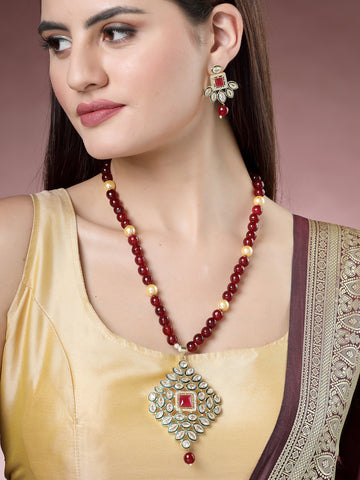 NVR Women Red Kundan-Studded & Beaded Handcrafted Jewellery Set