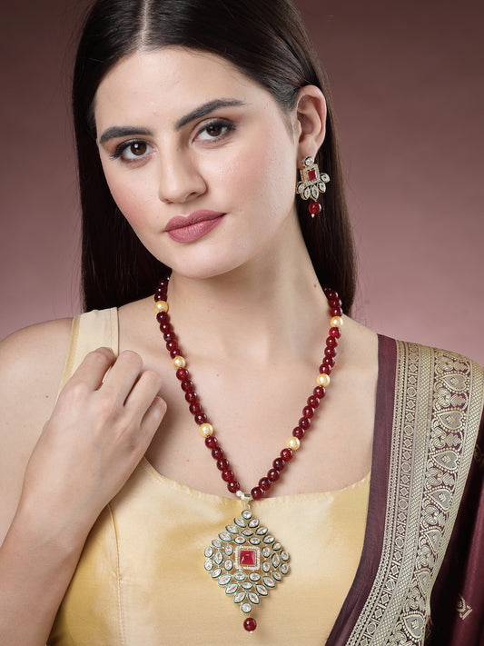 NVR Women Red Kundan-Studded & Beaded Handcrafted Jewellery Set