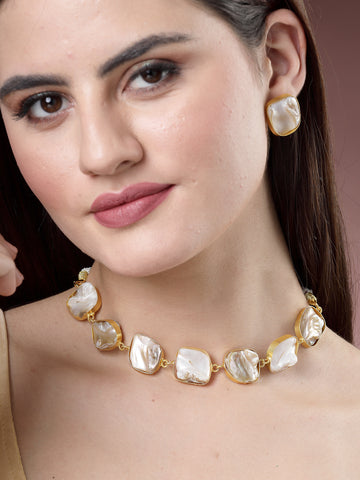 NVR Women Gold-Plated Mother of Pearl Handcrafted Jewellery Set