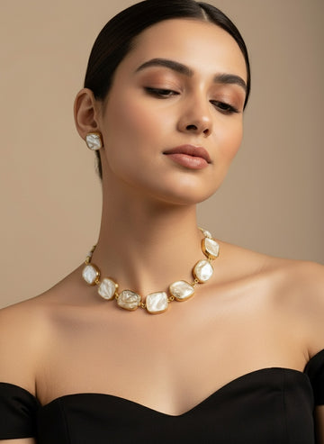 NVR Women Gold-Plated Mother of Pearl Handcrafted Jewellery Set