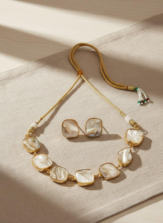 NVR Women Gold-Plated Mother of Pearl Handcrafted Jewellery Set
