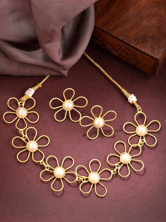 NVR Women Gold Floral Shape Beaded Handcrafted Jewellery Set