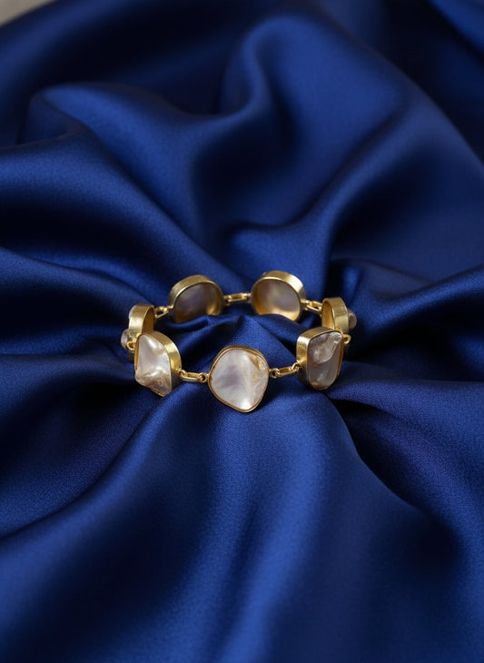 NVR Women Gold Plated Handcrafted Mother of Pearl Link Bracelet