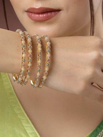 NVR Women Set of 4 Gold-Plated Beads Handcrafted Traditional Bangles