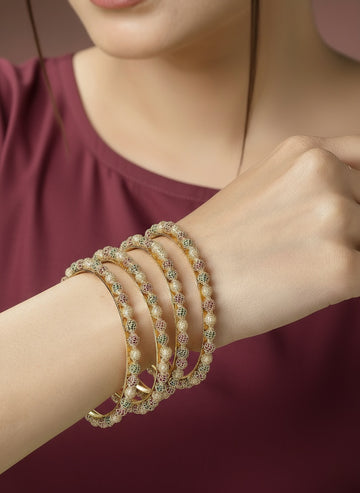 NVR Women Set of 4 Gold-Plated Beads Handcrafted Traditional Bangles