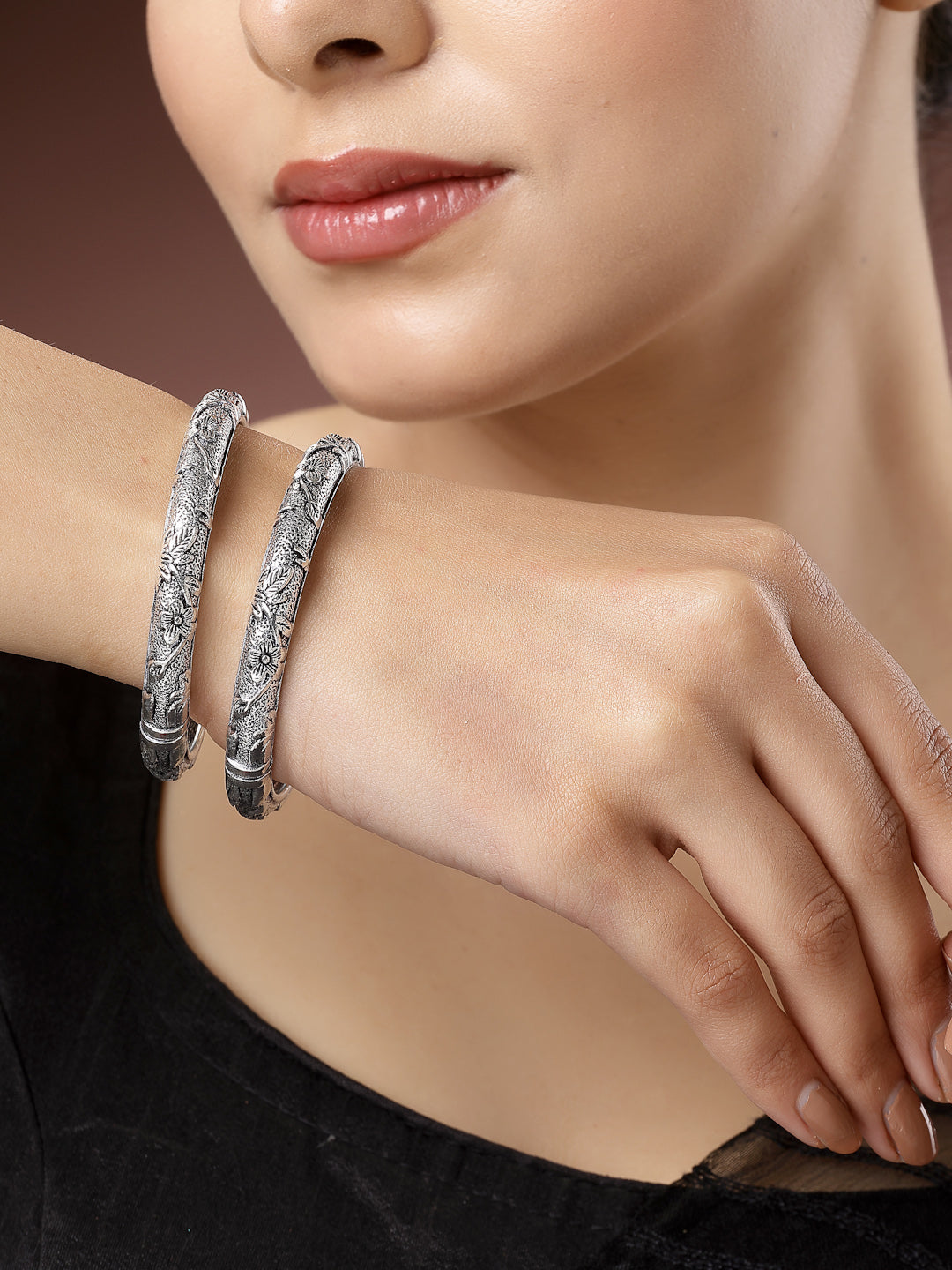 NVR Women Silver-Toned German Silver Floral Oxidised Kada Bangle