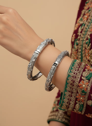 NVR Women Set of 2 Silver-Toned German Silver Floral Oxidised Kada Bangle