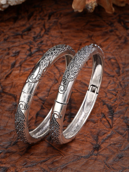 NVR Women Set of 2 Silver-Toned German Silver Peacock Design Oxidised Kada Bangle