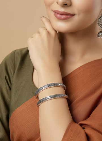 NVR Women Set of 2 Silver-Toned German Silver Peacock Design Oxidised Kada Bangle