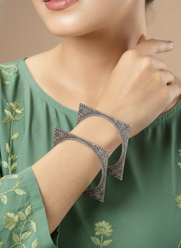 NVR Women Set of 2 Silver-Toned Oxidized Square Shaped Bangles