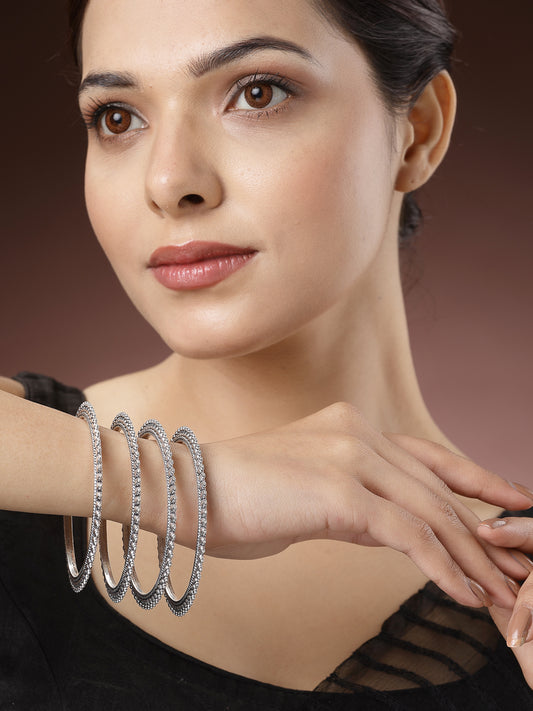 NVR Women Set of 4 Silver-Toned German Silver Oxidised Bangles