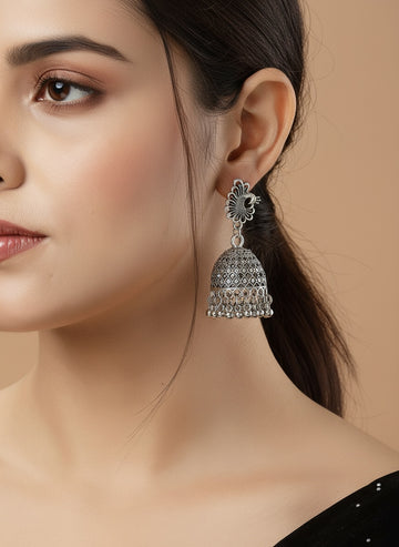 NVR Women Silver Toned Peacock Design German Silver Oxidised Dome Shaped Jhumka Earrings
