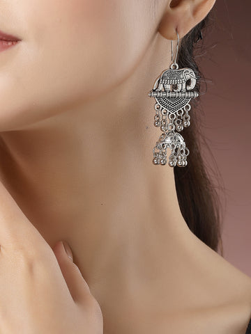 NVR Women Silver-Toned Elephant Design German Silver Oxidised Dome Shaped Jhumka Earrings