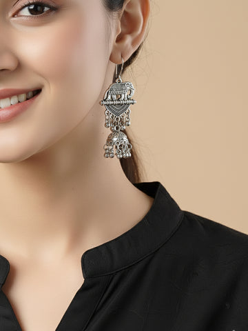 NVR Women Elephant Design German Silver Oxidised Jhumka Earrings