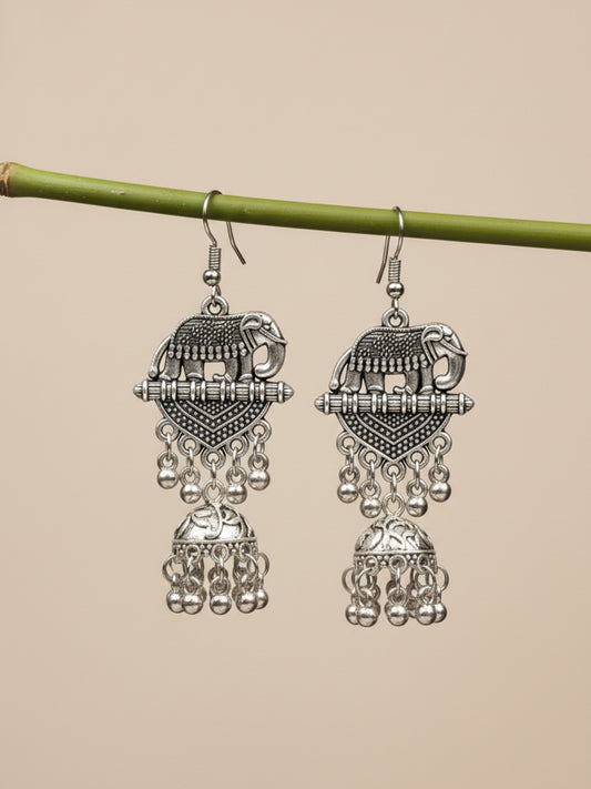 NVR Women Elephant Design German Silver Oxidised Jhumka Earrings