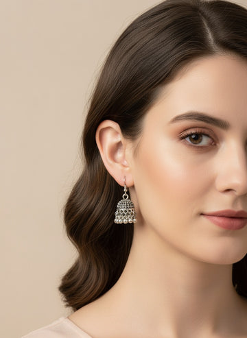 NVR Women Silver Toned German Silver Oxidised Dome Shaped Jhumka Earrings