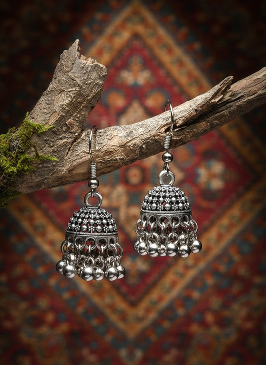 NVR Women Silver Toned German Silver Oxidised Dome Shaped Jhumka Earrings