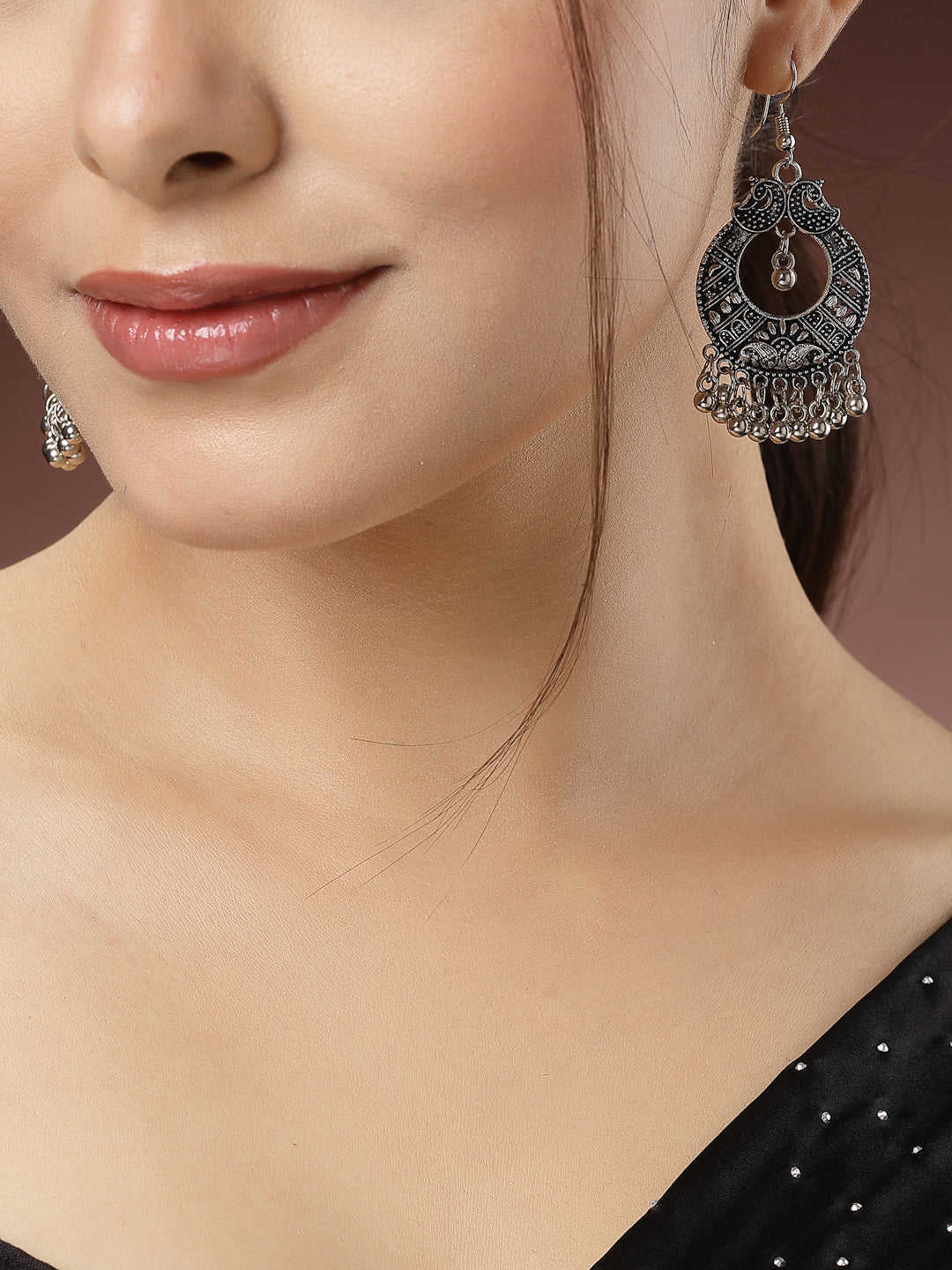 NVR Women Silver-Plated German Silver Oxidised Chandbali Earrings