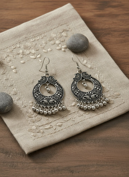 NVR Women Silver Plated German Silver Oxidised Chandbali Earrings