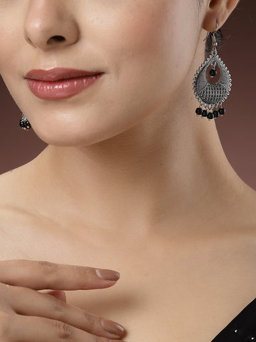 NVR Women Silver-Plated Artificial Beads German Silver Oxidised Chandbali Earrings