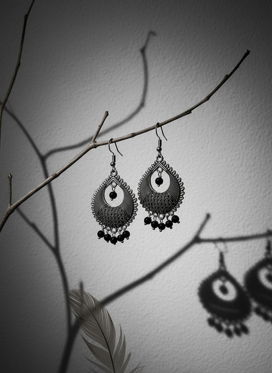 NVR Women Silver Plated Artificial Beads German Silver Oxidised Chandbali Earrings
