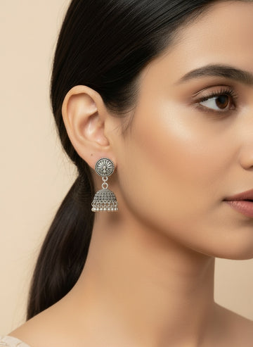 NVR Women Silver Toned German Silver Oxidised Dome Shaped Jhumka Earrings