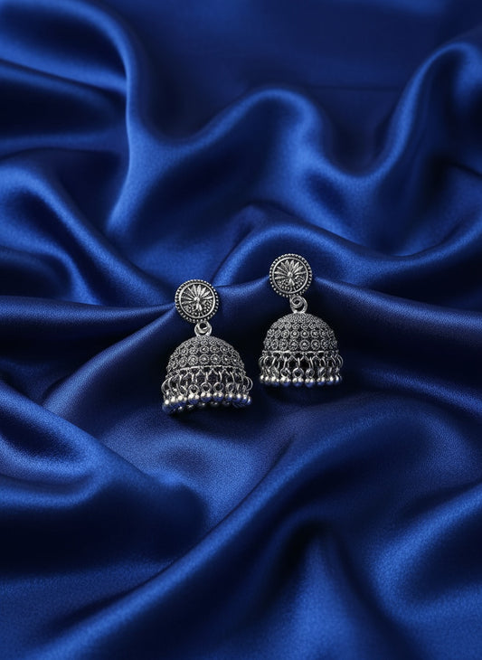 NVR Women Silver Toned German Silver Oxidised Dome Shaped Jhumka Earrings