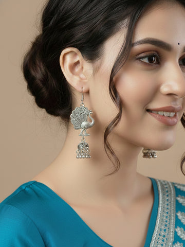 NVR Women Peacock Design German Silver Oxidised Jhumka Earrings