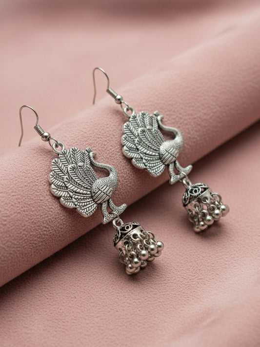NVR Women Peacock Design German Silver Oxidised Jhumka Earrings