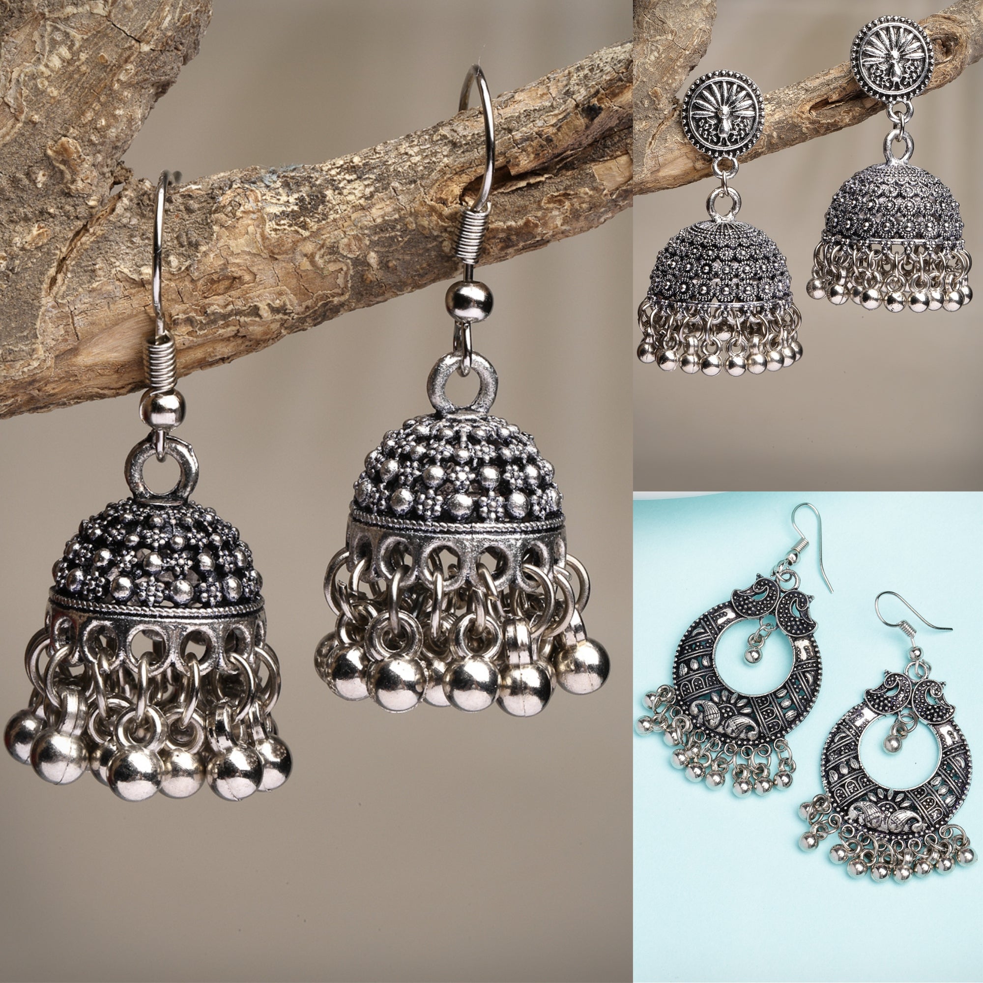 NVR Women Set of 3 Silver-Toned German Silver Oxidised Dome Shaped Jhumka Earrings