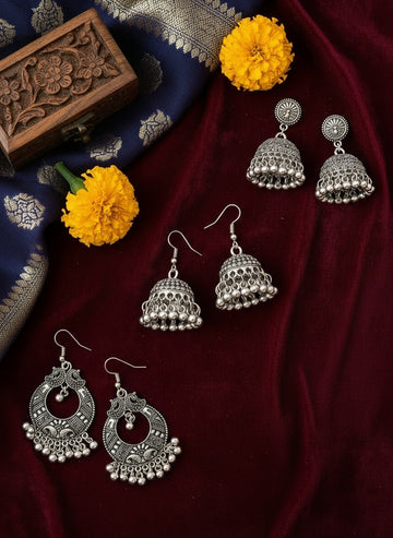 NVR Women Set of 3 Silver Toned German Silver Oxidised Dome Shaped Jhumka Earrings