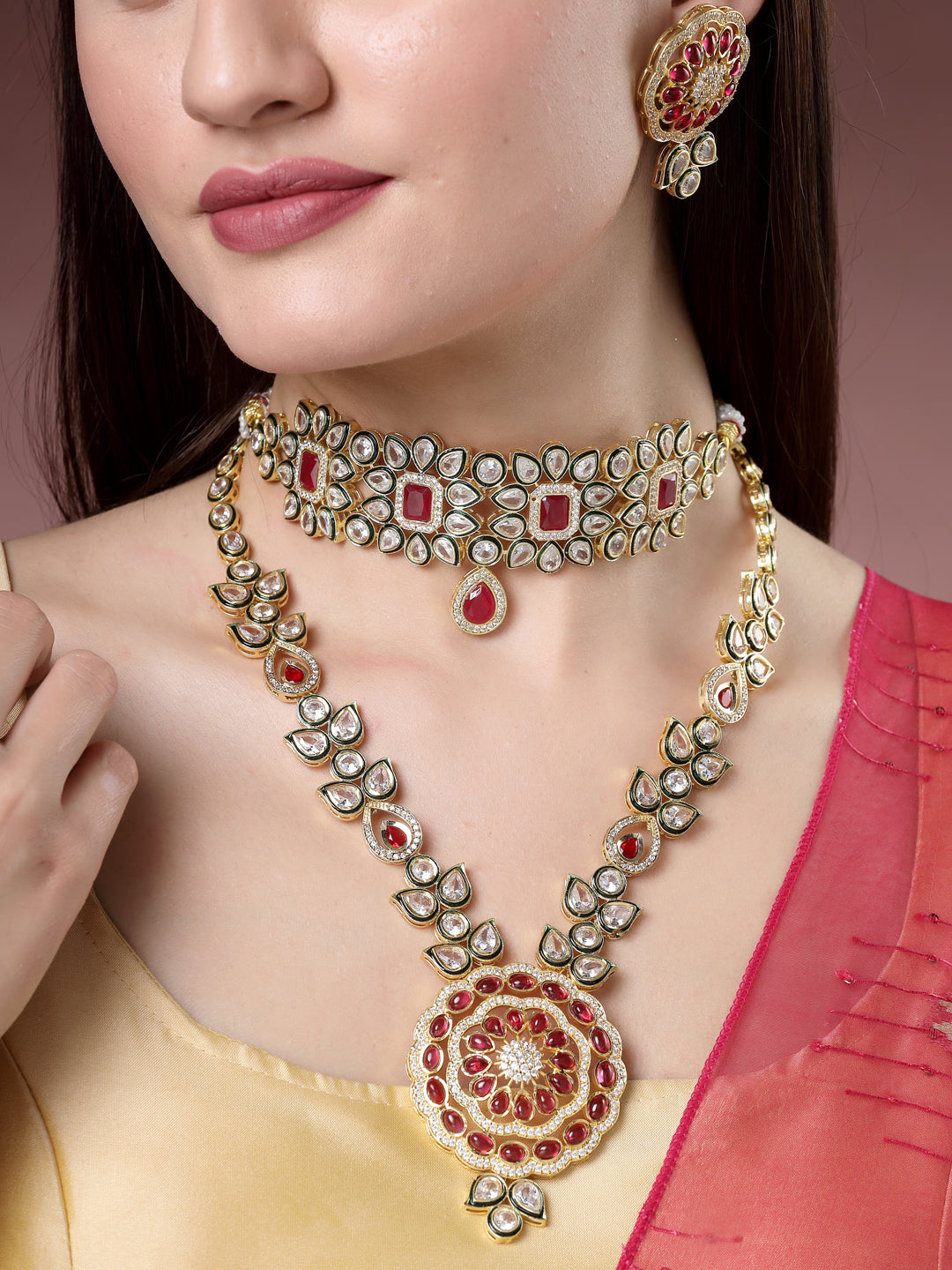 NVR Women Set of 2 Red & Gold Kundan Studded Jewellery Set Choker & Long Necklace with Earrings