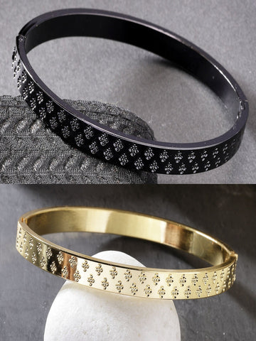 NVR Men Set of 2 Gold & Black Rhodium-Plated  Stainless Steel Kada Bracelet