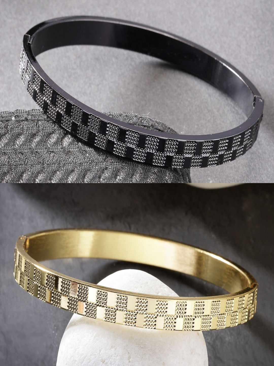 NVR Men Set of 2 Gold & Black Rhodium-Plated  Stainless Steel Kada Bracelet