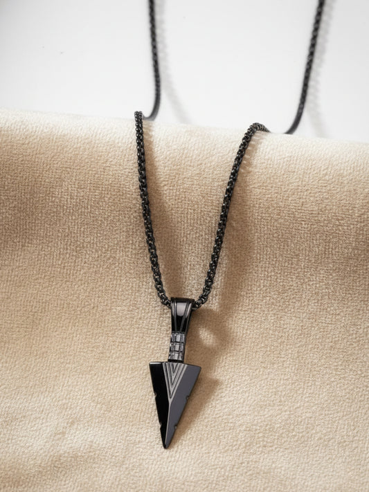 NVR Men's Black Arrow Shaped Rhodium Plated Pendant with Chain