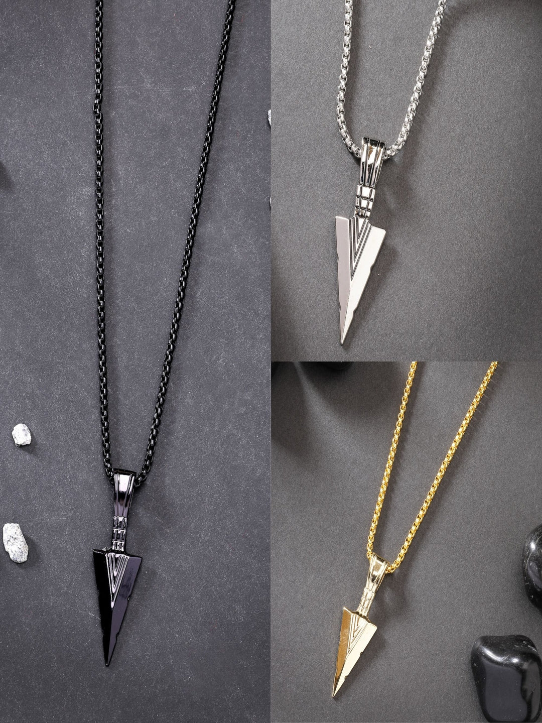 NVR Men Set of 3 Multicolor Rhodium-Plated Arrow-Shaped Pendant With Chain