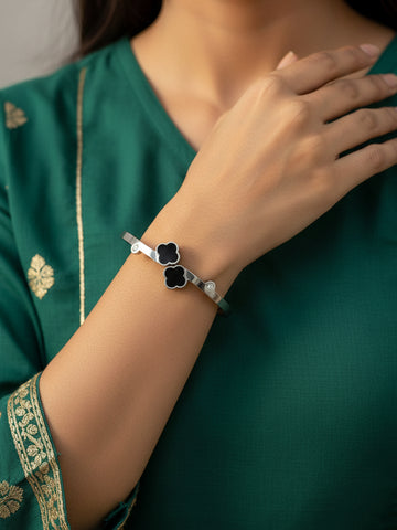 NVR Women Silver Plated Black Cuff Bracelet