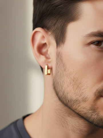NVR Men's Gold Plated Geomatric Shaped Hoop Earrings