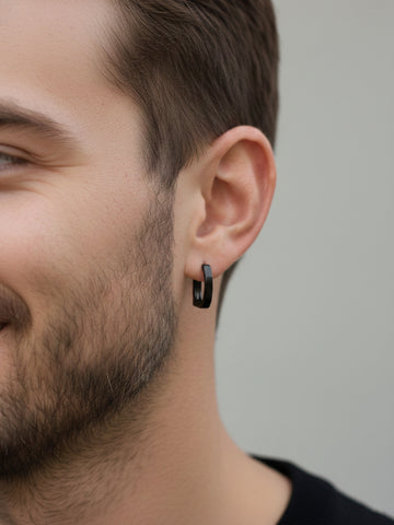 NVR Men's Black Rhodium Plated Geomatric Shaped Hoop Earrings