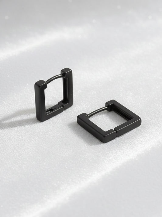 NVR Men's Black Rhodium Plated Geomatric Shaped Hoop Earrings