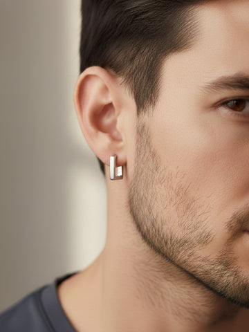 NVR Men's Silver Plated Geomatric Shaped Hoop Earrings