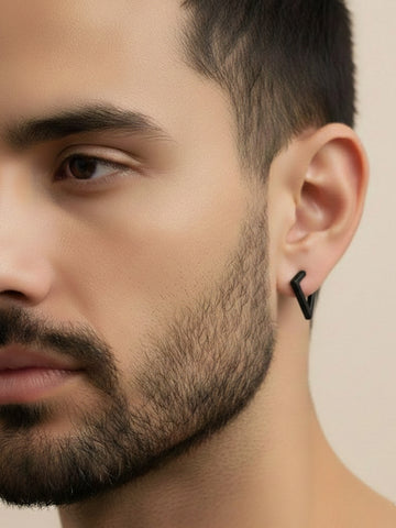 NVR Men's Black Rhodium Plated Geomatric Shaped Stud Earrings