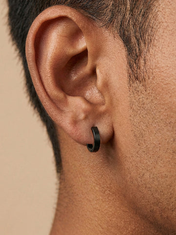NVR Men's Black Rhodium Plated Hoop Earrings