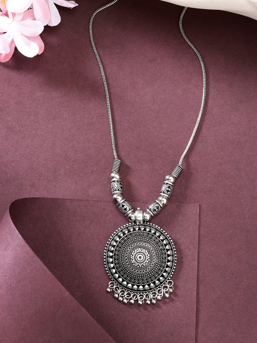 NVR Women Silver-Toned Circular Shape Pendant with Chain