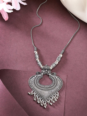 NVR Women Silver-Toned German Silver Oxidised Pendant with Chain