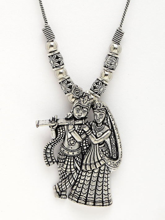 NVR Women Silver-Toned Radha Krishna Pendant with Chain