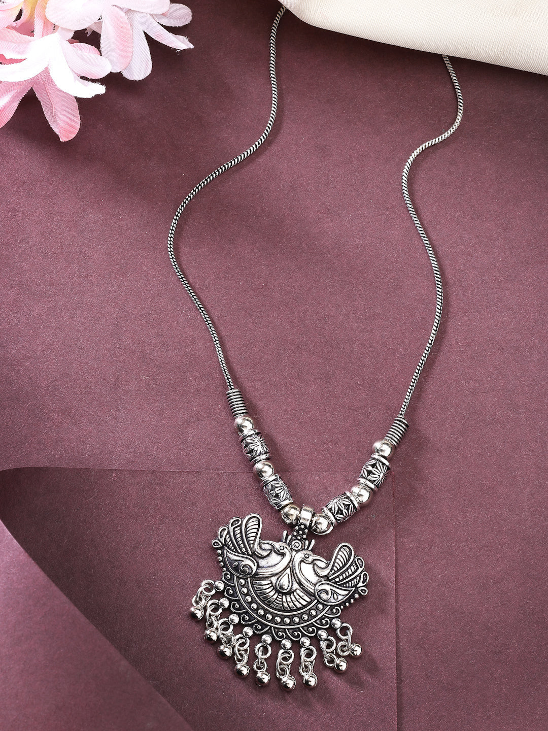 NVR Women Silver-Toned Peacock Design Pendant with Chain