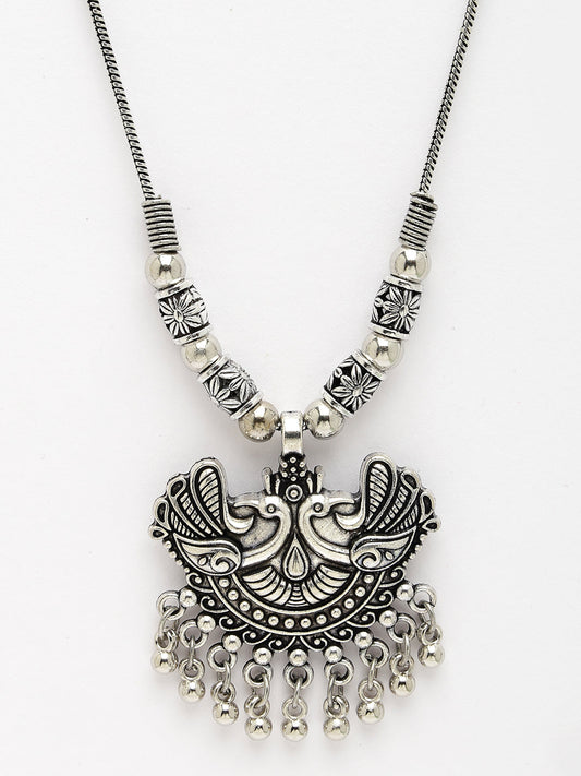 NVR Women Silver-Toned Peacock Design Pendant with Chain