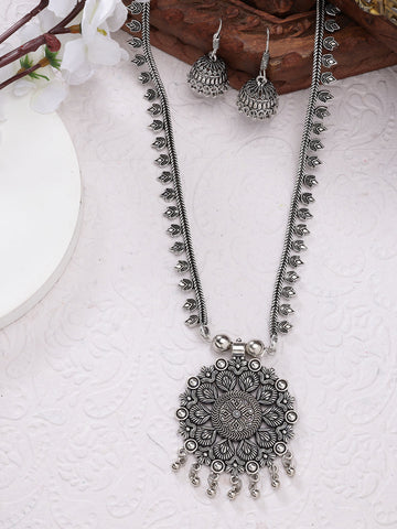 NVR Women Silver-Toned Floral Shape Oxidized Necklace with Jhumka Earrings